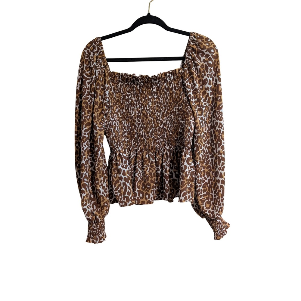 Lilly Pulitzer Smocked Blouse Womens Medium Brown Leopard Print Puff Sleeve Top